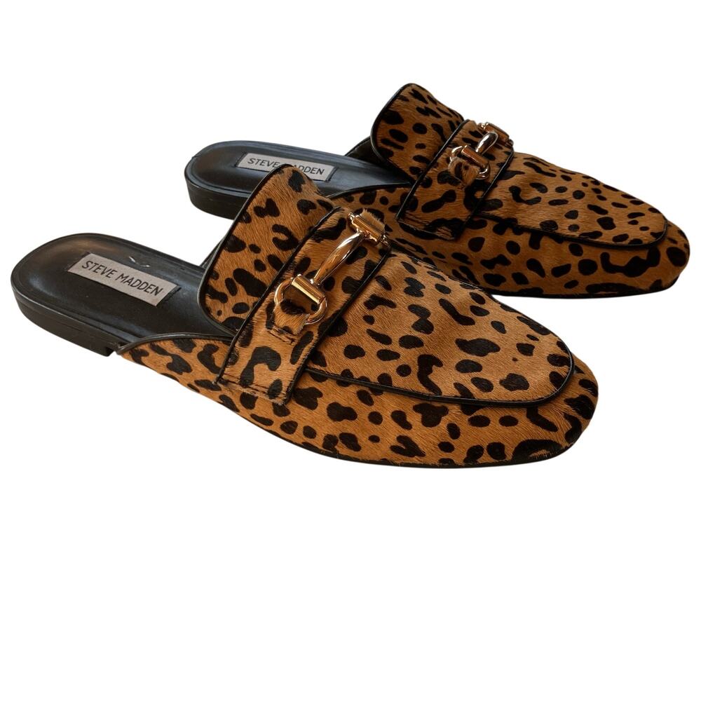 Steve Madden Kori Leopard Print Cow Hair Horsebit Mules Size 10M